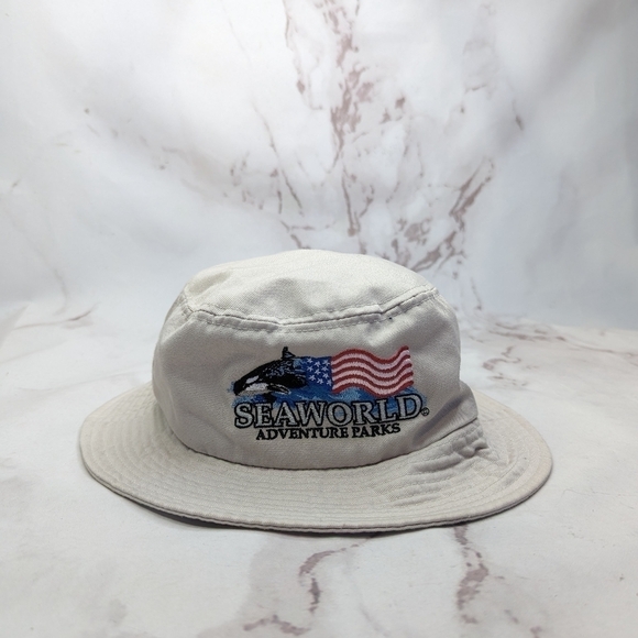 SeaWorld Hat Vintage 90s Bucket Beige Flag Shamu Cap Canvas Cotton Embroidered - Picture 2 of 9